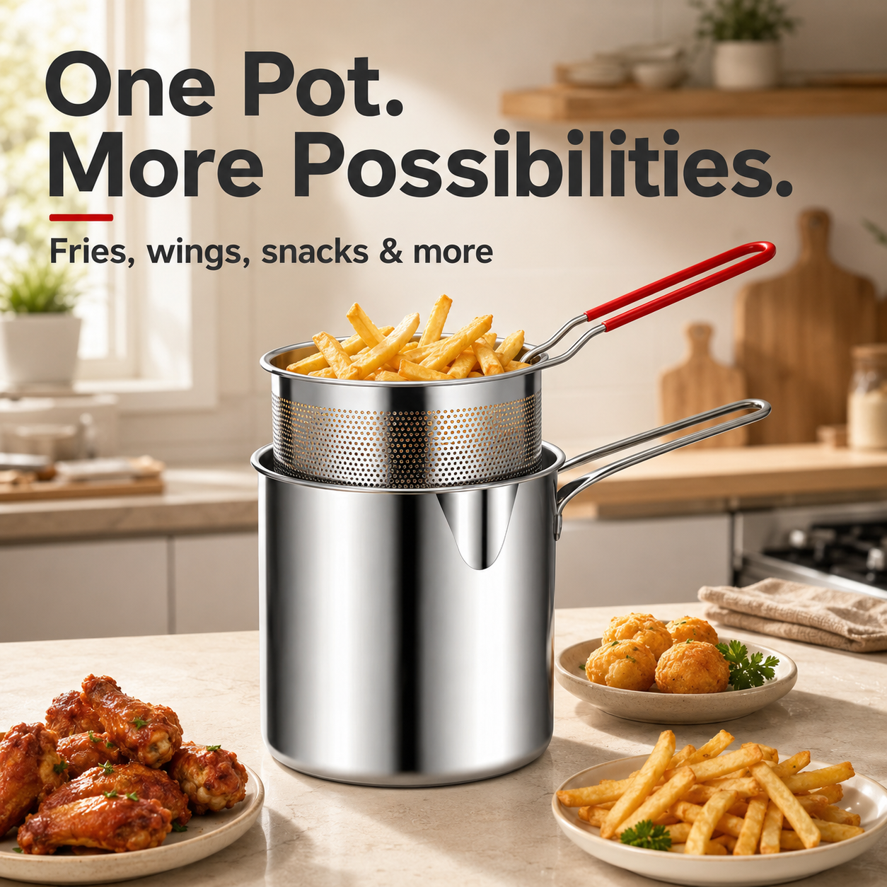 🎁🍟 Personal Mini Deep Fryer Set – Stainless Steel Pot with Lift-Out Draining Basket & Food Tongs