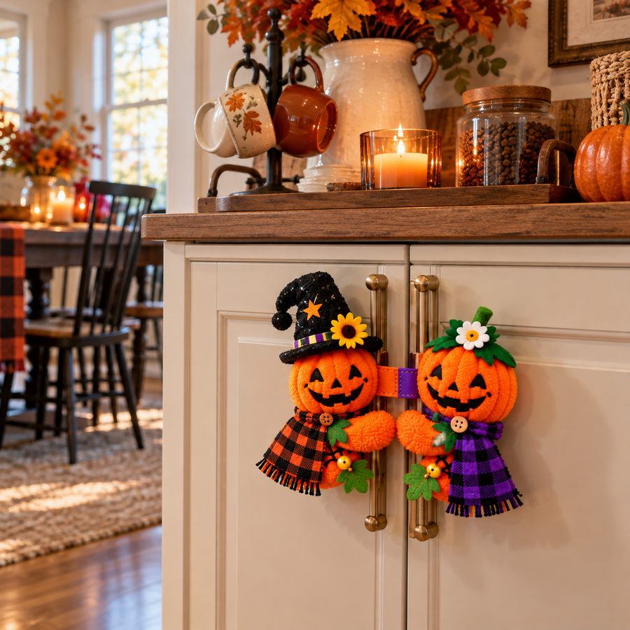 Pumpkin Halloween decoration on cabinet handles
