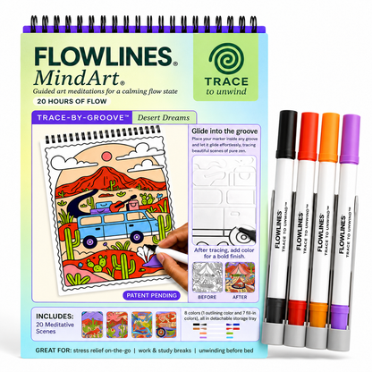 Trace-By-Groove Guided Flow Art Coloring Pad with Double-Sided Markers