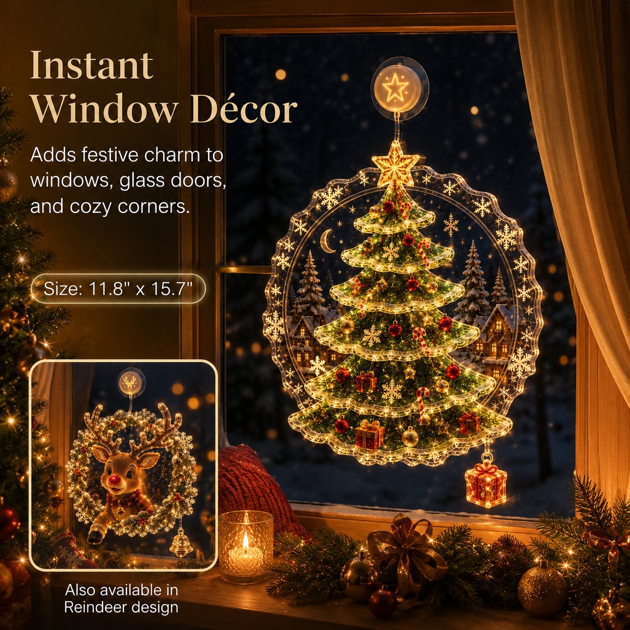 🎄🪟 Festive Glow Window Ornament – Suction-Cup Christmas Light with Layered Holiday Design