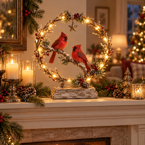 Lighted Cardinal Tabletop Decor, Rustic Red Cardinal Pair with Warm LED Lights