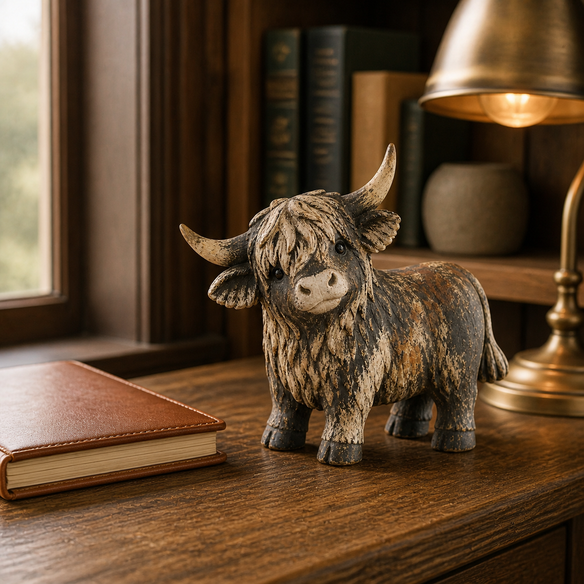 Highland cow figurine displayed in a warm home office