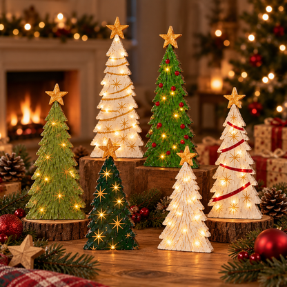 🎄Vintage Lighted Wooden Christmas Trees – Set of 6