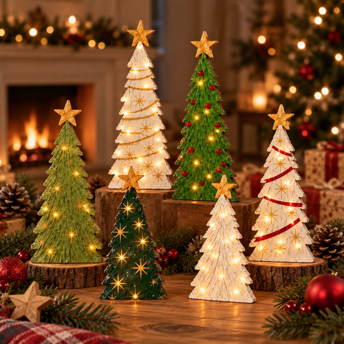 🎄Vintage Lighted Wooden Christmas Trees – Set of 6