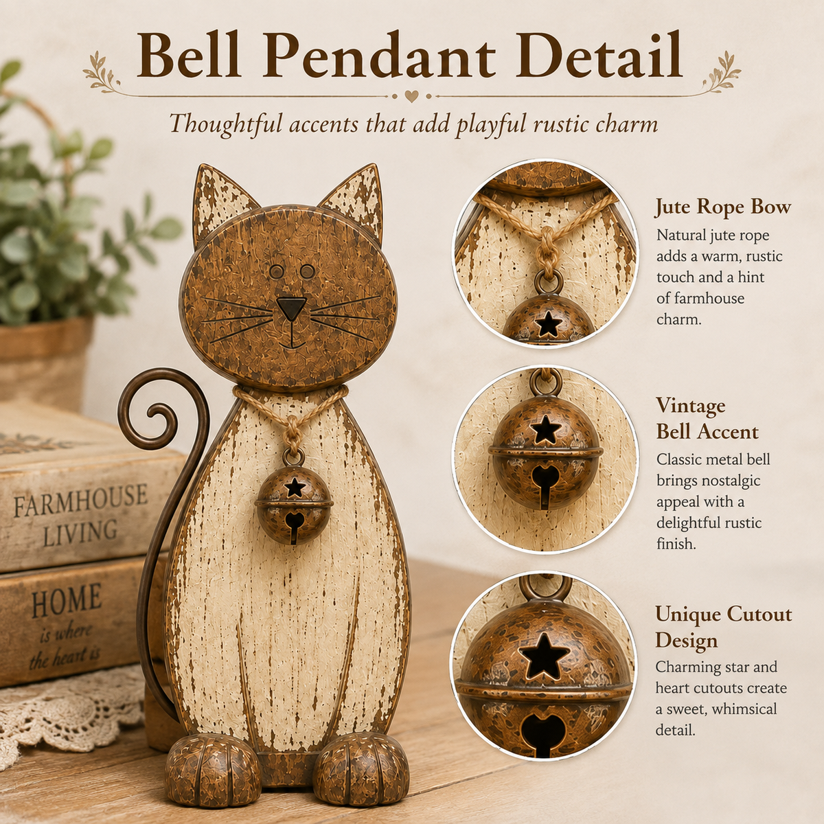 Close-up of the rustic bell pendant and rope bow