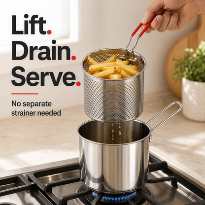 🎁🍟 Personal Mini Deep Fryer Set – Stainless Steel Pot with Lift-Out Draining Basket & Food Tongs