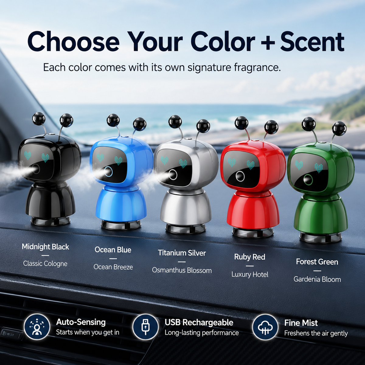Five Robot Car Diffuser colors and fragrances