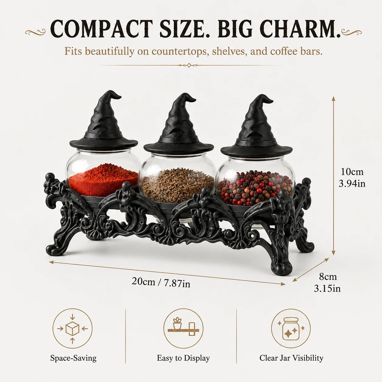 🧙‍♀️Witch-Hat Gothic Spice Jar Set — Ornate Resin Rack + 3 Glass Jars