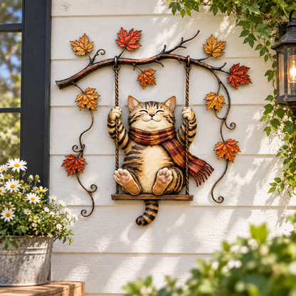 🍂 Cozy Cat Swing Fall Wall Art – Rustic Autumn Metal Home Decor