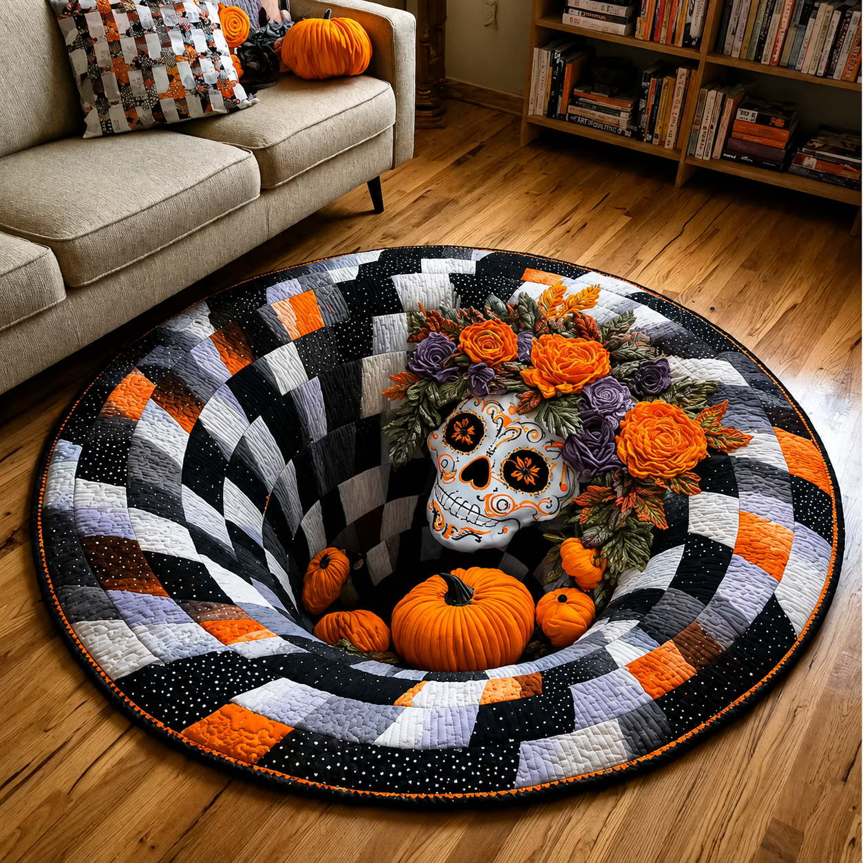🎄👻 ✨ 60,000+ Sold — 3D Skeleton Vortex Quilted Round Halloween Rug