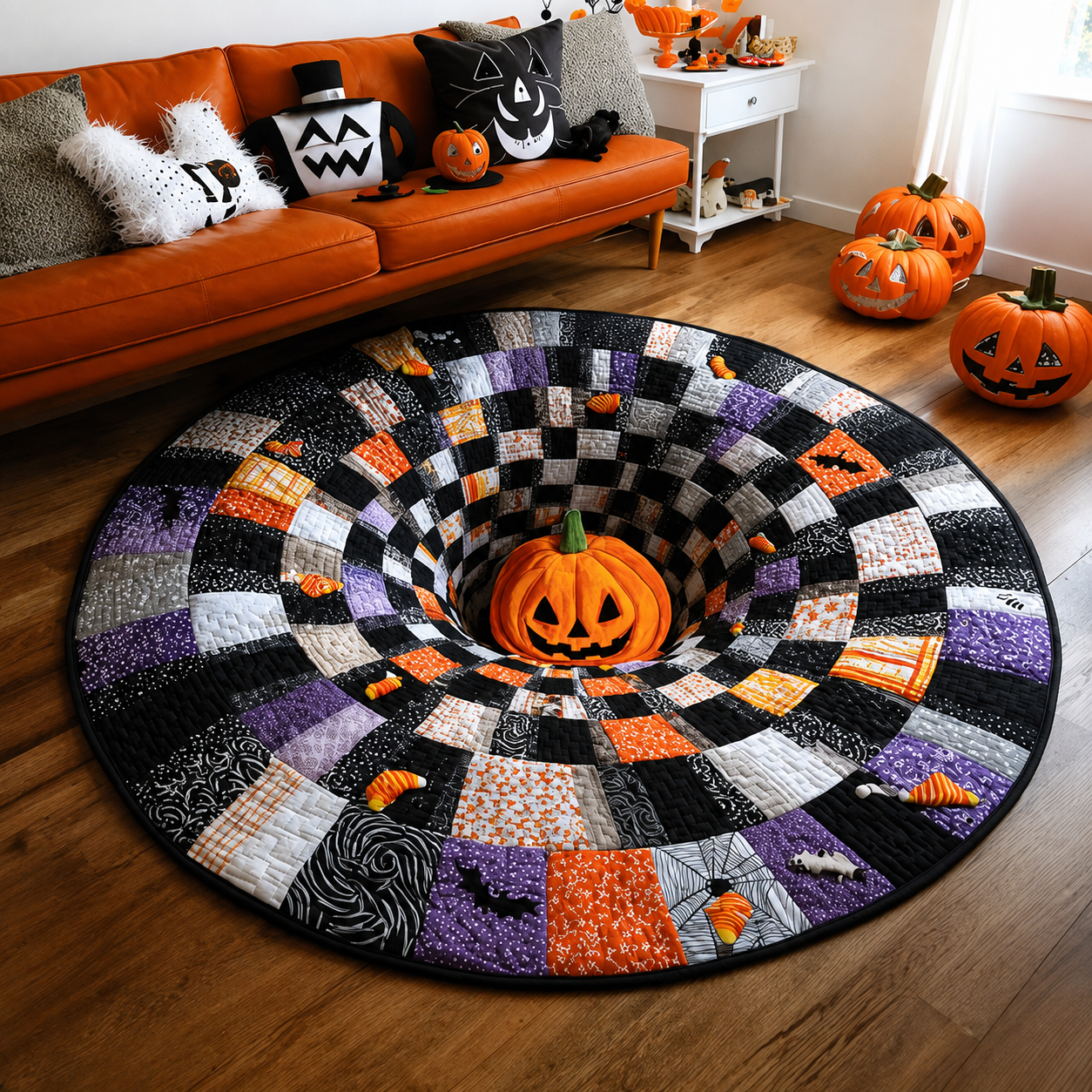 🎄👻 ✨ 60,000+ Sold — 3D Skeleton Vortex Quilted Round Halloween Rug