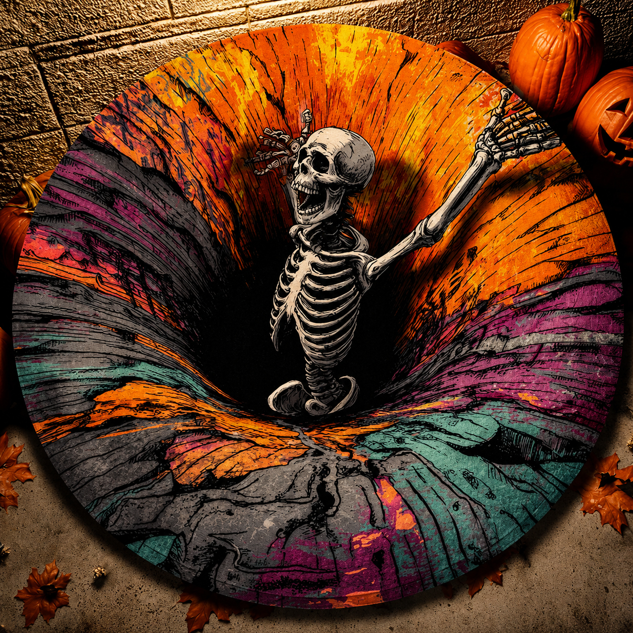 🎄👻 ✨ 60,000+ Sold — 3D Skeleton Vortex Quilted Round Halloween Rug