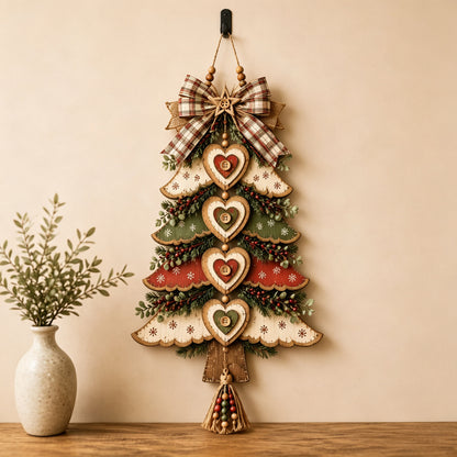 🎄Rustic Wooden Christmas Tree Wall Hanging Ornament 🎀 | Light‑Up & Non‑Light Versions Farmhouse Xmas Door Hanger with Plaid Bow & Heart Decor