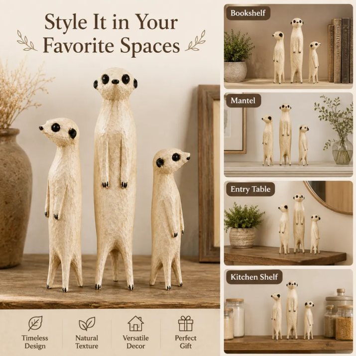 Hand-Carved Wooden Meerkat Sculpture