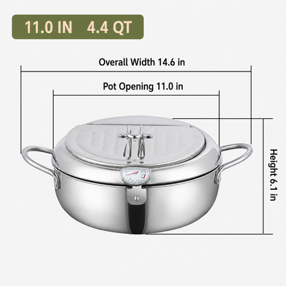 🥗Kitchen Essentials 🍳 304 Stainless Steel Frying Pot with Thermometer and Oil Drip Drainer Rack🎉