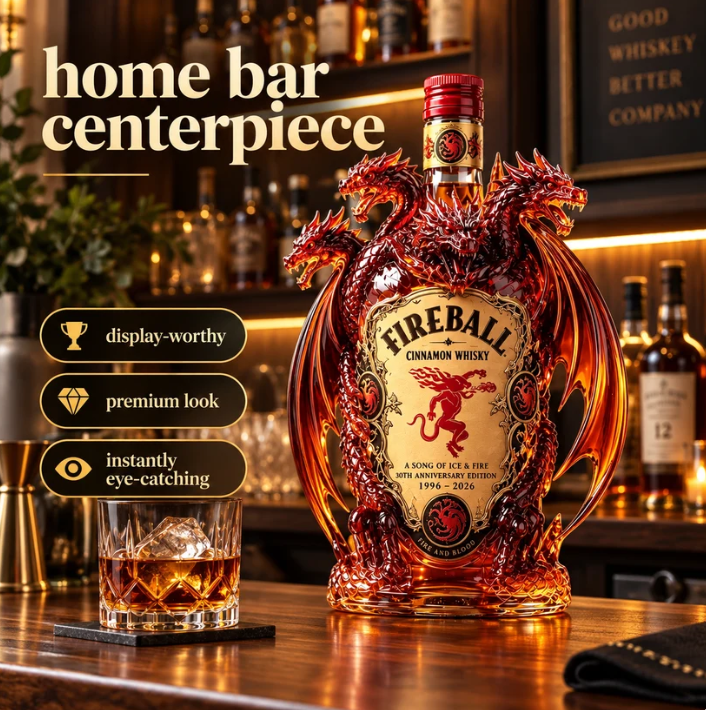 Dragon collector bottle displayed on a home bar