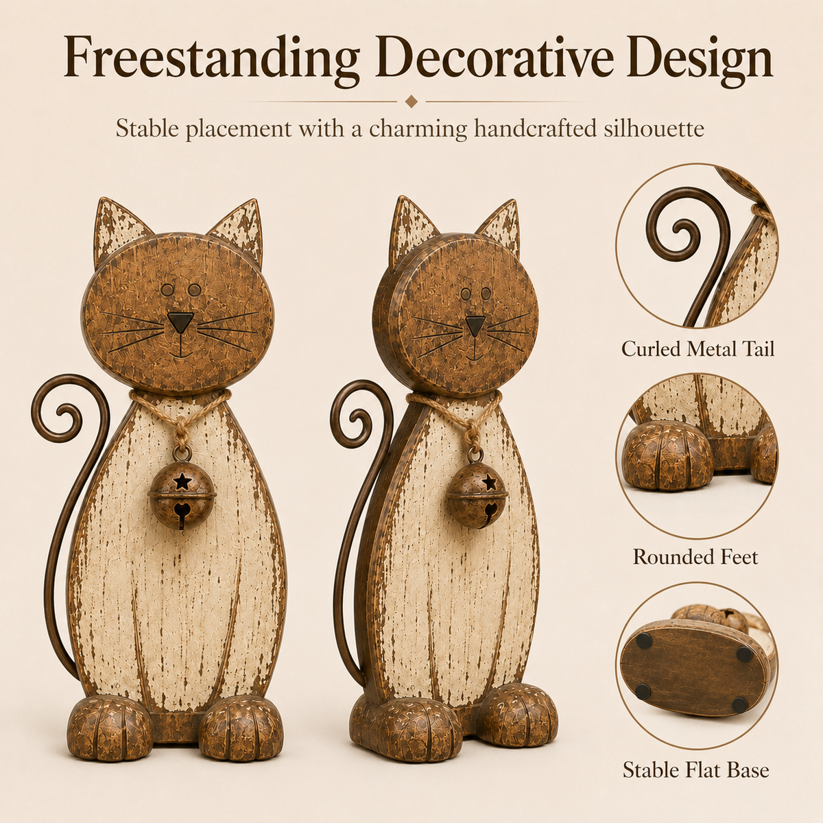 Front, side and base views of the freestanding cat decoration