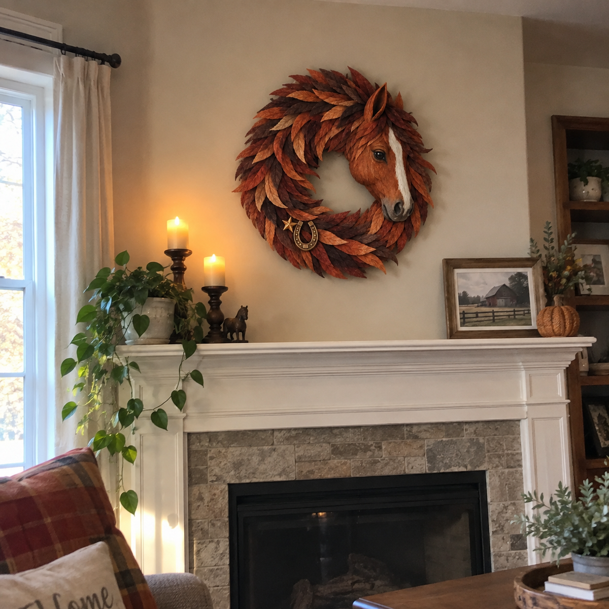 Chestnut horse wreath above fireplace