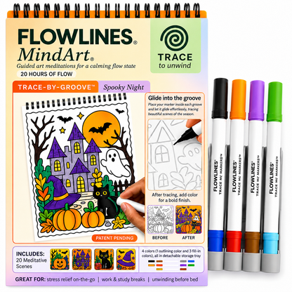 Trace-By-Groove Guided Flow Art Coloring Pad with Double-Sided Markers