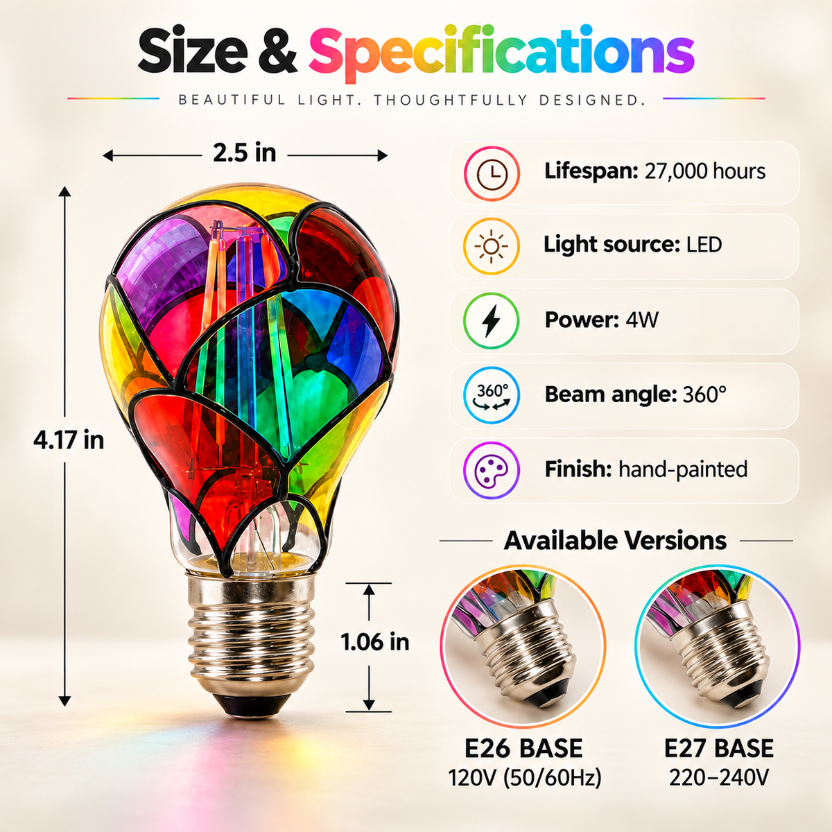 Rainbow LED bulb dimensions and specifications
