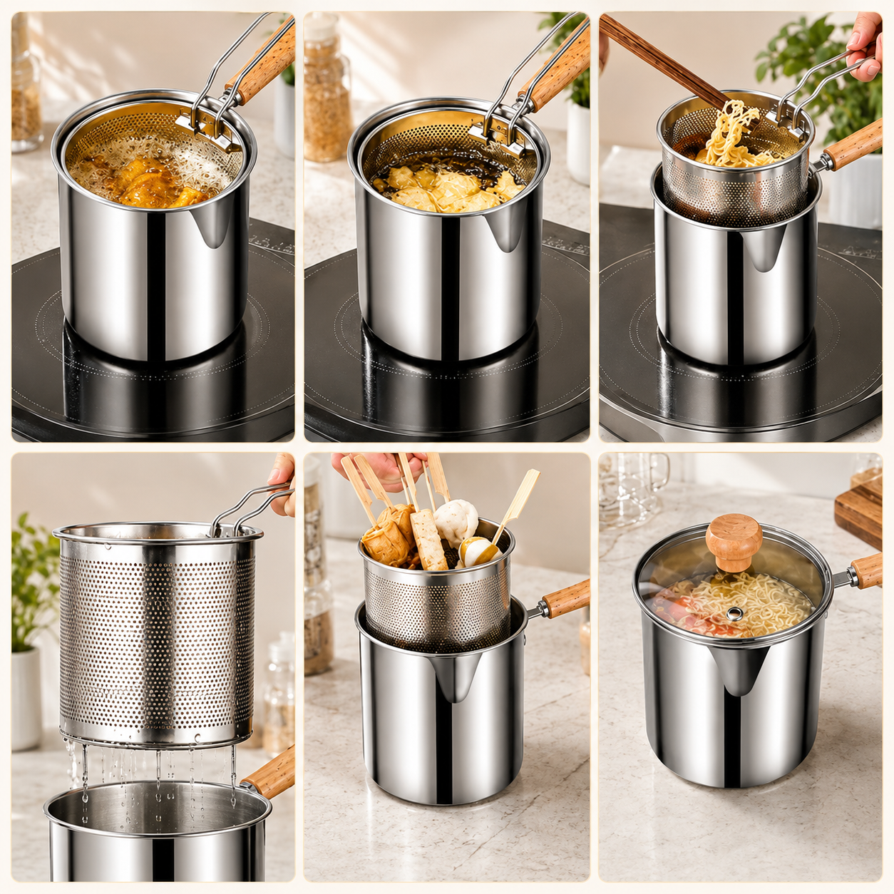 🎁🍟 Personal Mini Deep Fryer Set – Stainless Steel Pot with Lift-Out Draining Basket & Food Tongs