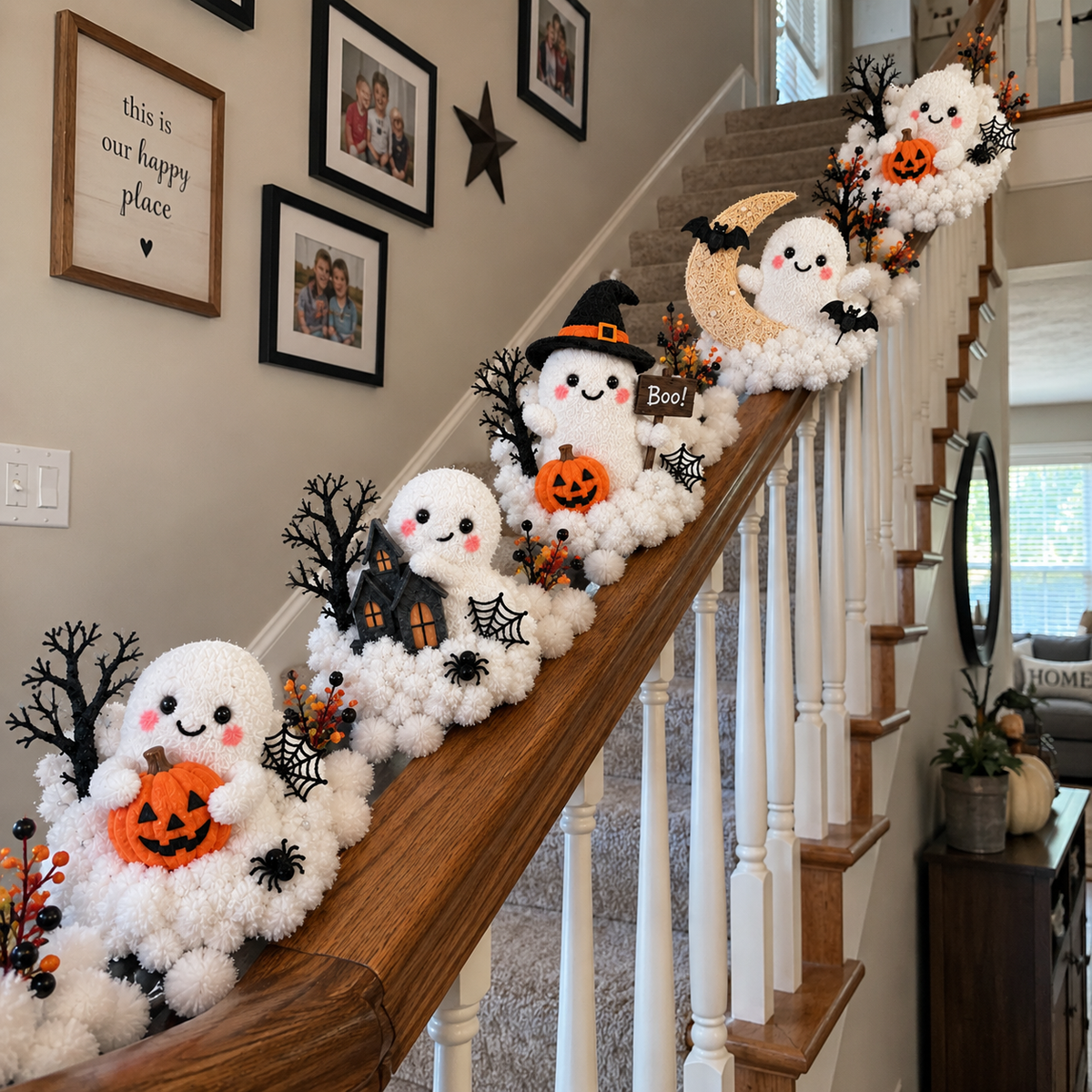 Whimsical Halloween Ghost Decor – Cute Staircase & Tabletop Display