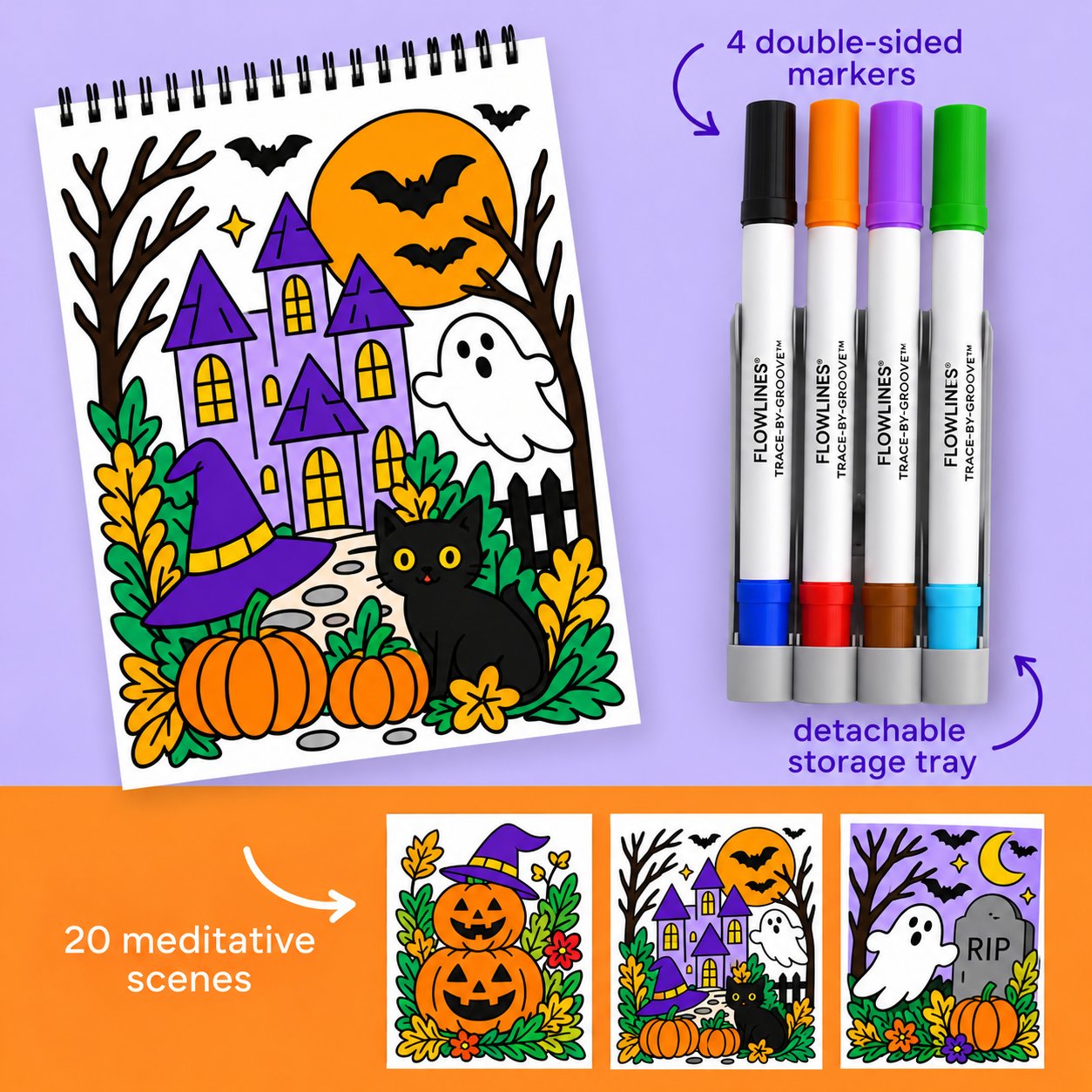 🌿 Trace-By-Groove Guided Flow Art Coloring Pad with Double-Sided Markers 🎨