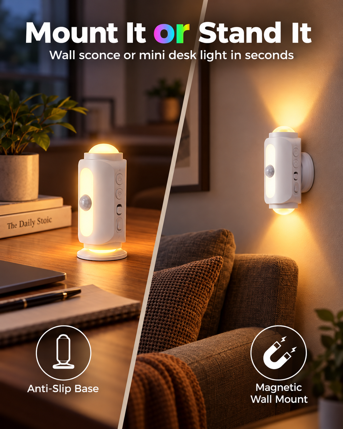 Mounted or freestanding rechargeable light