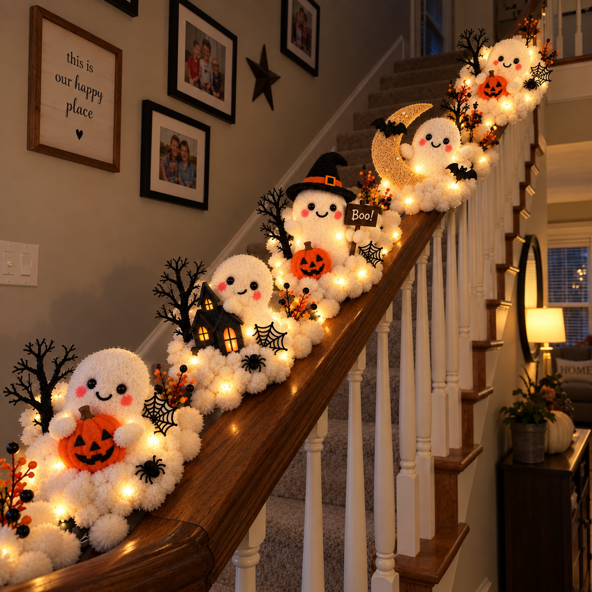Whimsical Halloween Ghost Decor – Cute Staircase & Tabletop Display