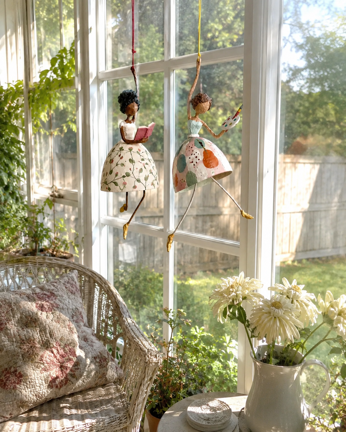 Two Whimsical Dancing Lady ornaments displayed together