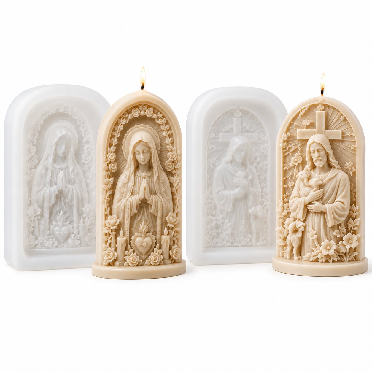 ⏳ Last Day 49% OFF ✝️ 2-Piece Good Shepherd Jesus 3D Candle Mold Set | Sculpted Cross, Lamb & Floral Relief for Faith-Inspired Handmade Candles 🕯️✨