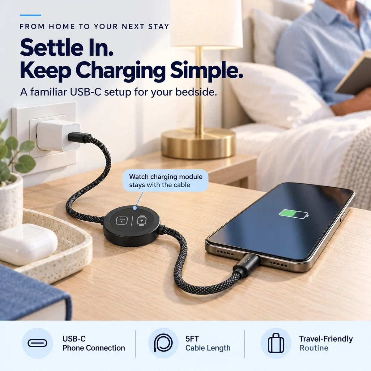 🔌 3-in-1 USB-C Charging Cable with Built-In Watch Charger – 5FT Braided Travel Cord for Compatible Phones, Watches & Earbud Cases