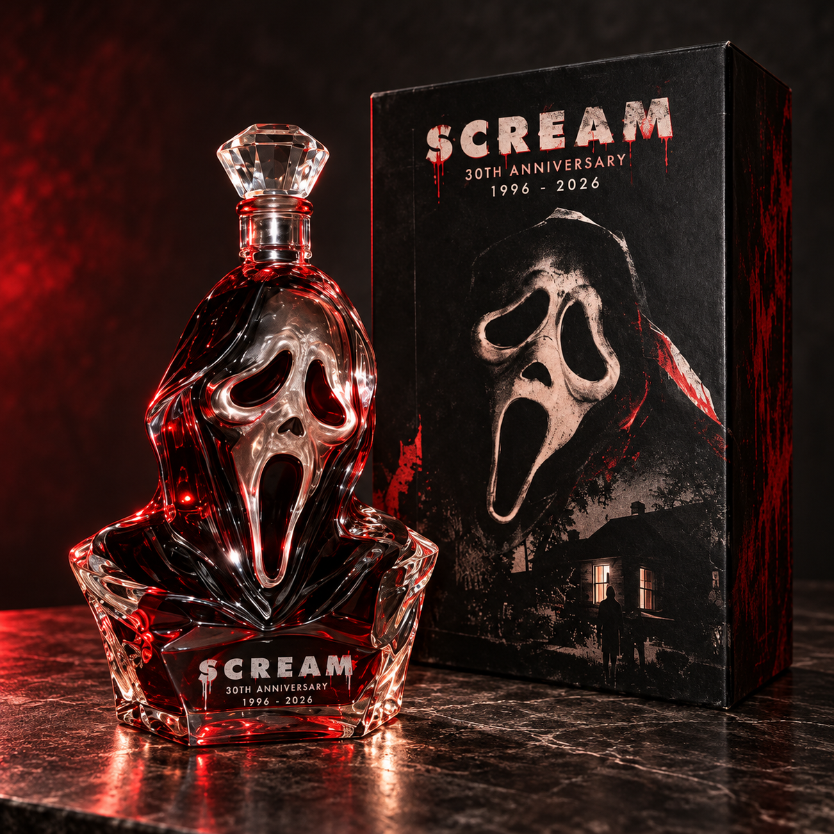 Ghostface decanter beside its matching Scream anniversary presentation box