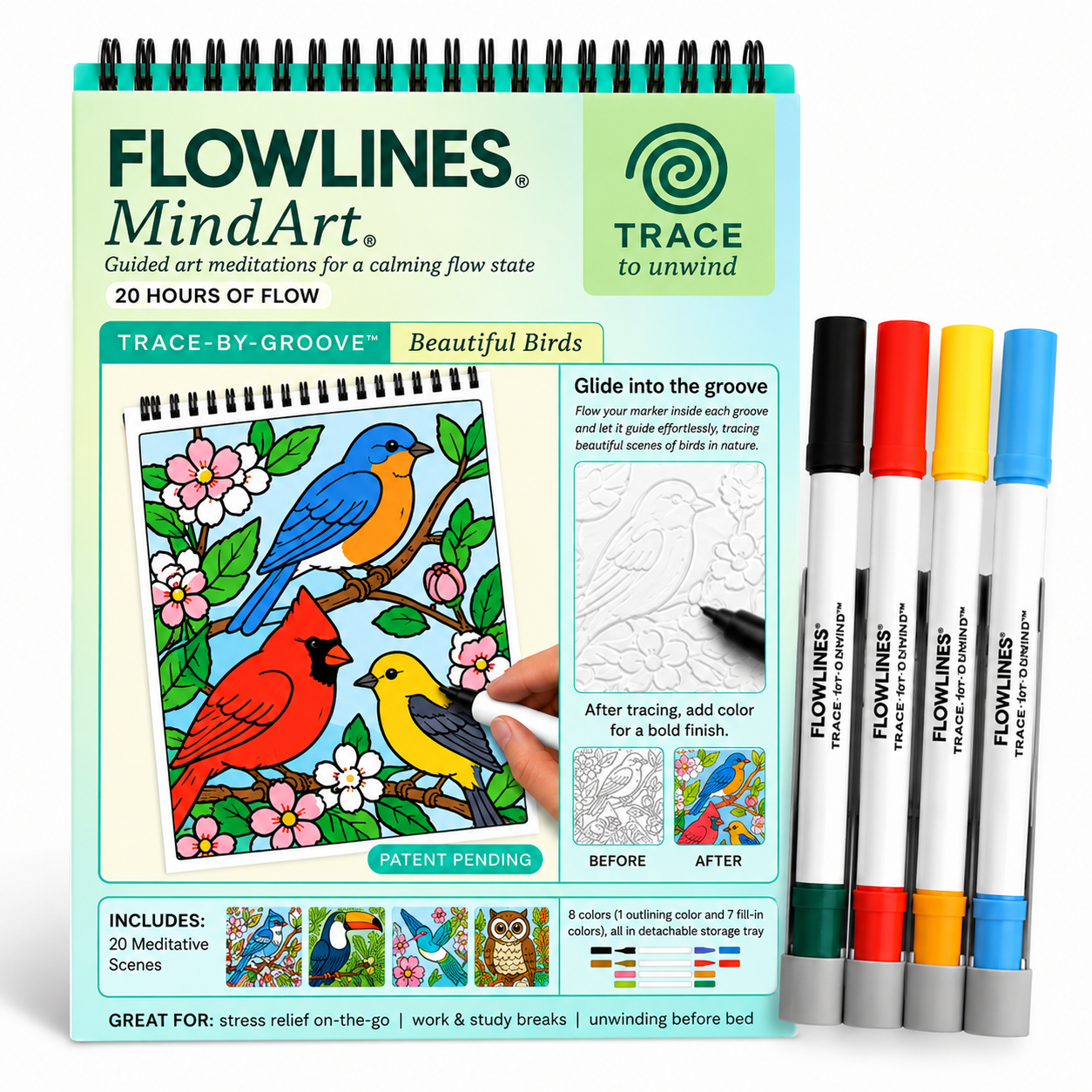 Trace-By-Groove Guided Flow Art Coloring Pad with Double-Sided Markers