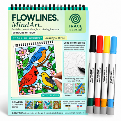 Trace-By-Groove Guided Flow Art Coloring Pad with Double-Sided Markers