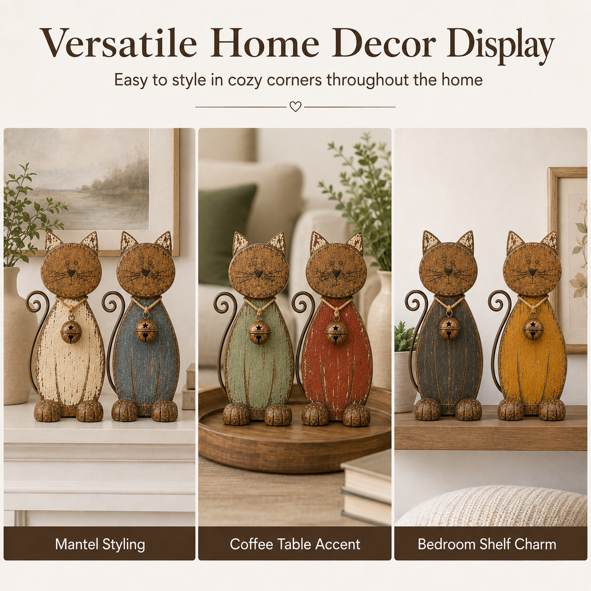 Rustic cat decorations styled on a mantel, coffee table and bedroom shelf