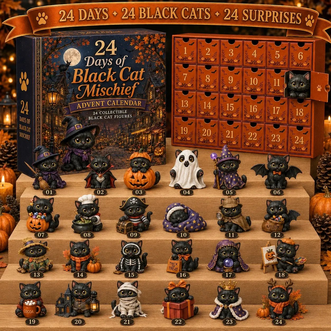 🐈‍⬛ 24 Days Of Black Cat Mischief Advent Calendar | 24 Unique Halloween Cat Collectibles with Witch, Vampire, Ghost, Pumpkin & More 🎃