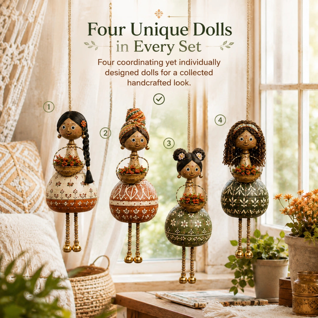 Handcrafted Folk Art Hanging Doll Ornaments – 4-Piece Rotating Decorative Set