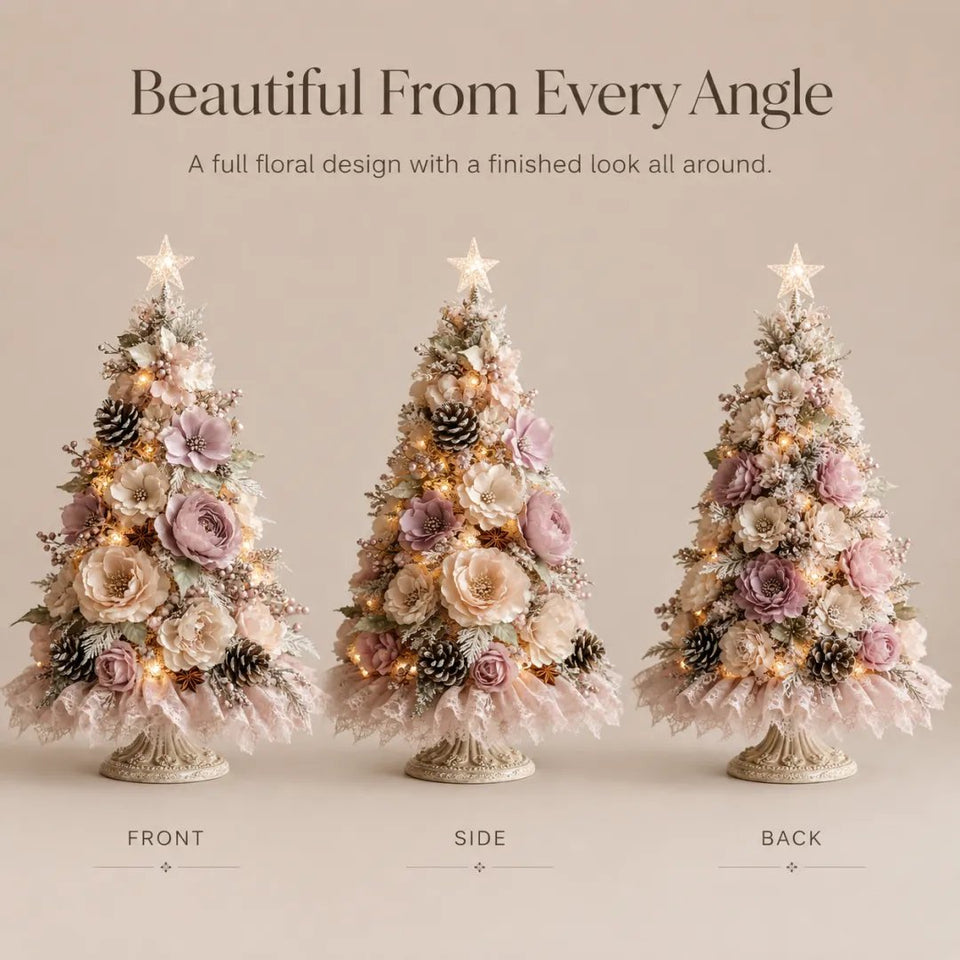 Front side and back views of the floral Christmas tree