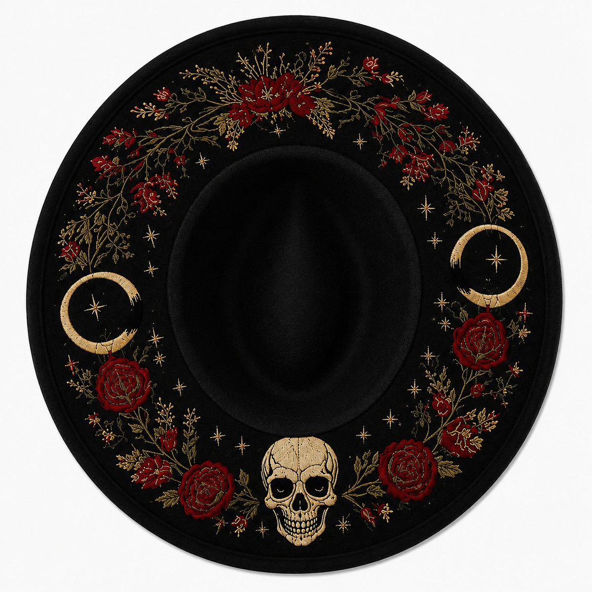 🖤 Gothic Embroidered Wide Brim Fedora Hat 🌙