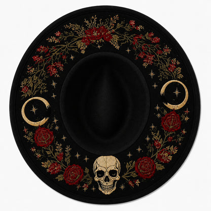 🖤 Gothic Embroidered Wide Brim Fedora Hat 🌙