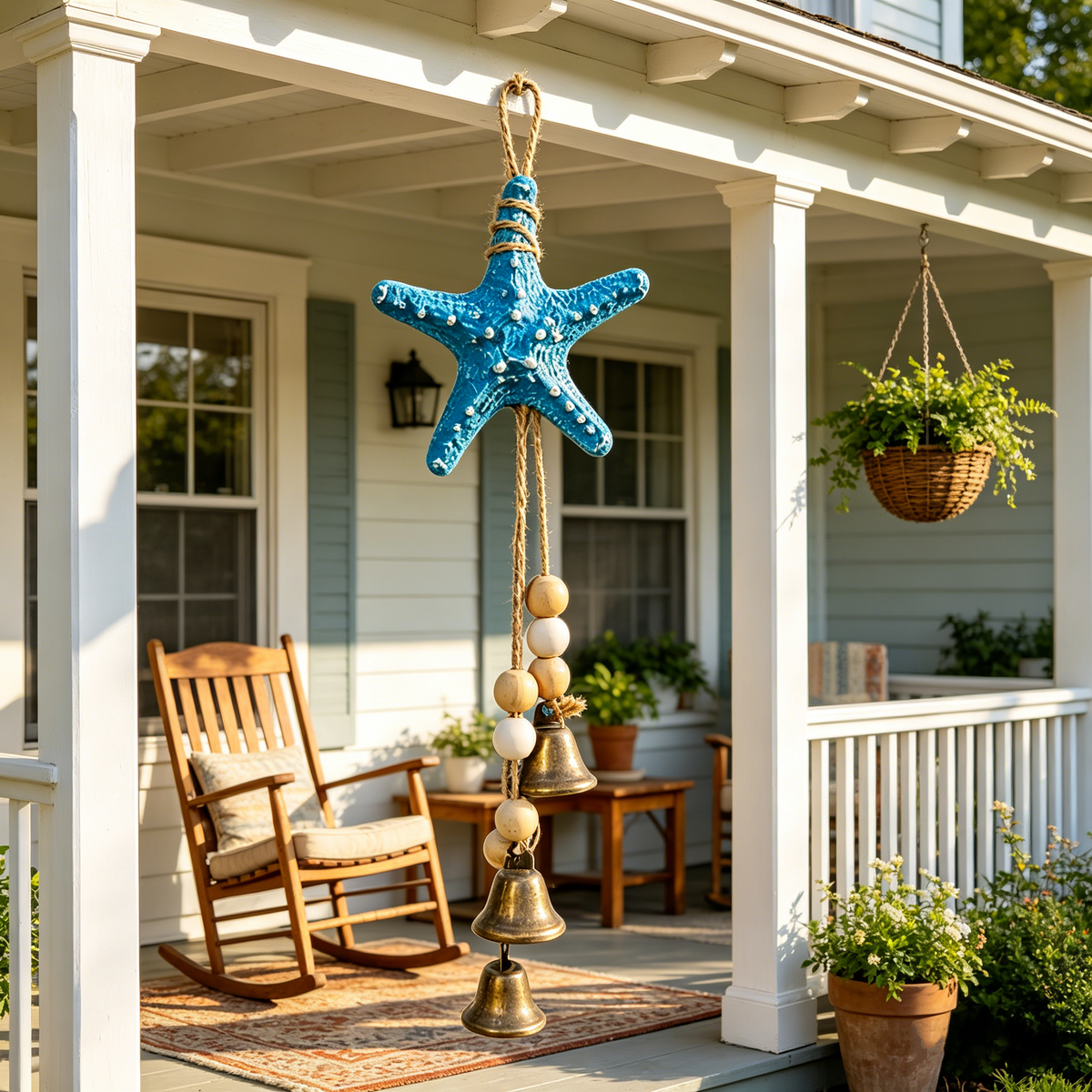 🌊⭐ Seaside Starfish Bell Chime – Rustic Coastal Hanging Decor with Natural Wood Beads