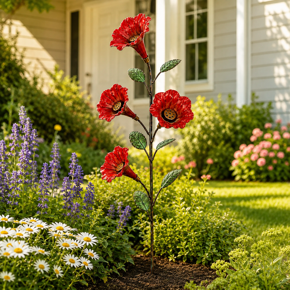 Decorative hummingbird flower feeder in a flower bed