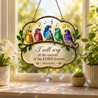 Christian Scripture Bird Suncatcher with Crystal Prism – Hummingbird, Cardinal & Songbird Window Hanging