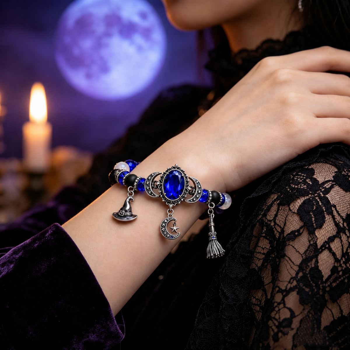 🔮 Witch’s Crystal Moon Charm Bracelet