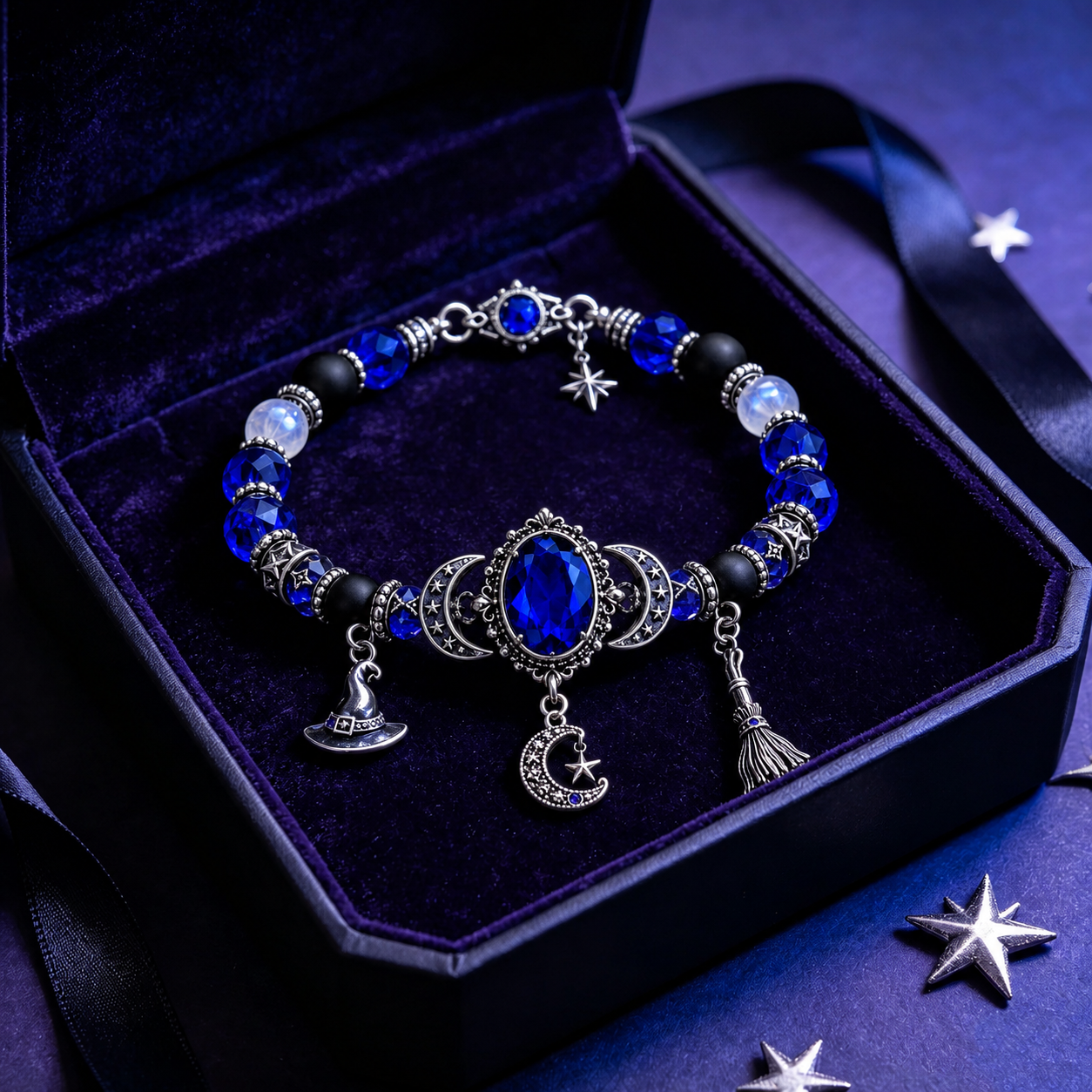 🔮 Witch’s Crystal Moon Charm Bracelet