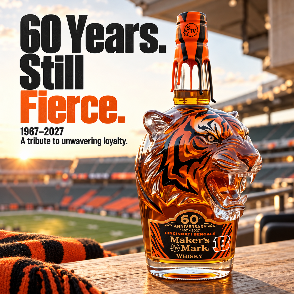 The BENGALS×Maker's Mark 60TH ANNIVERSARY Special Edition Bourbon Bottle