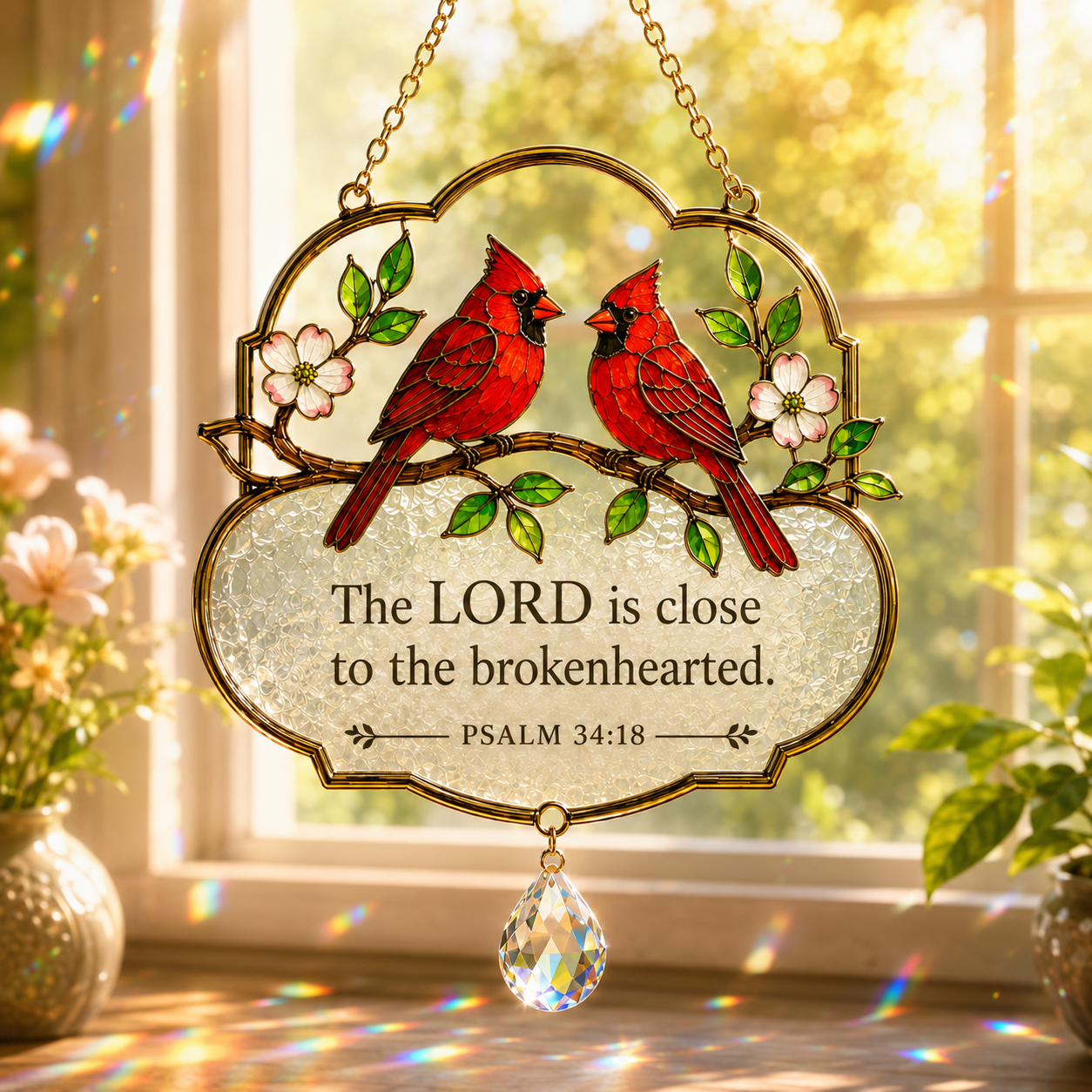 Christian Scripture Bird Suncatcher with Crystal Prism – Hummingbird, Cardinal & Songbird Window Hanging