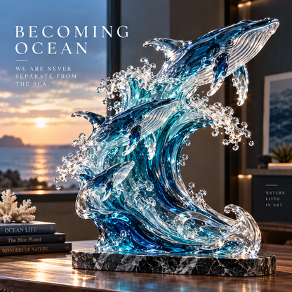 🐋 Becoming Ocean – Three Whales Rising from the Wave Glass Sculpture