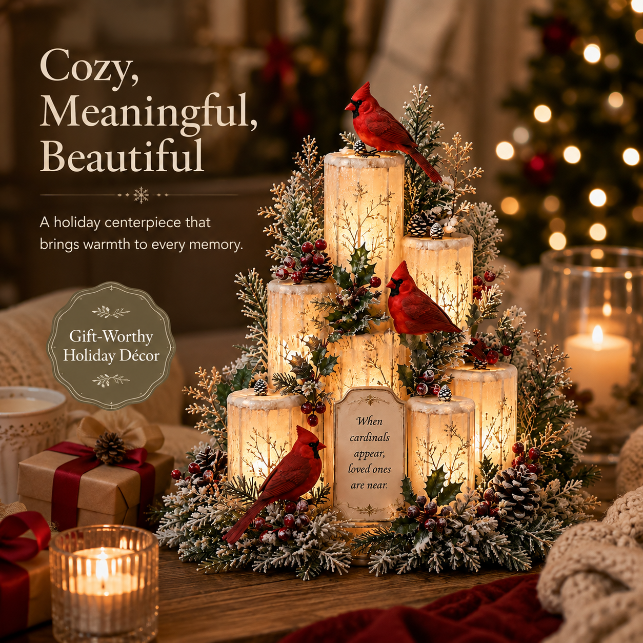 🌹Cardinal Memorial LED Candle Centerpiece